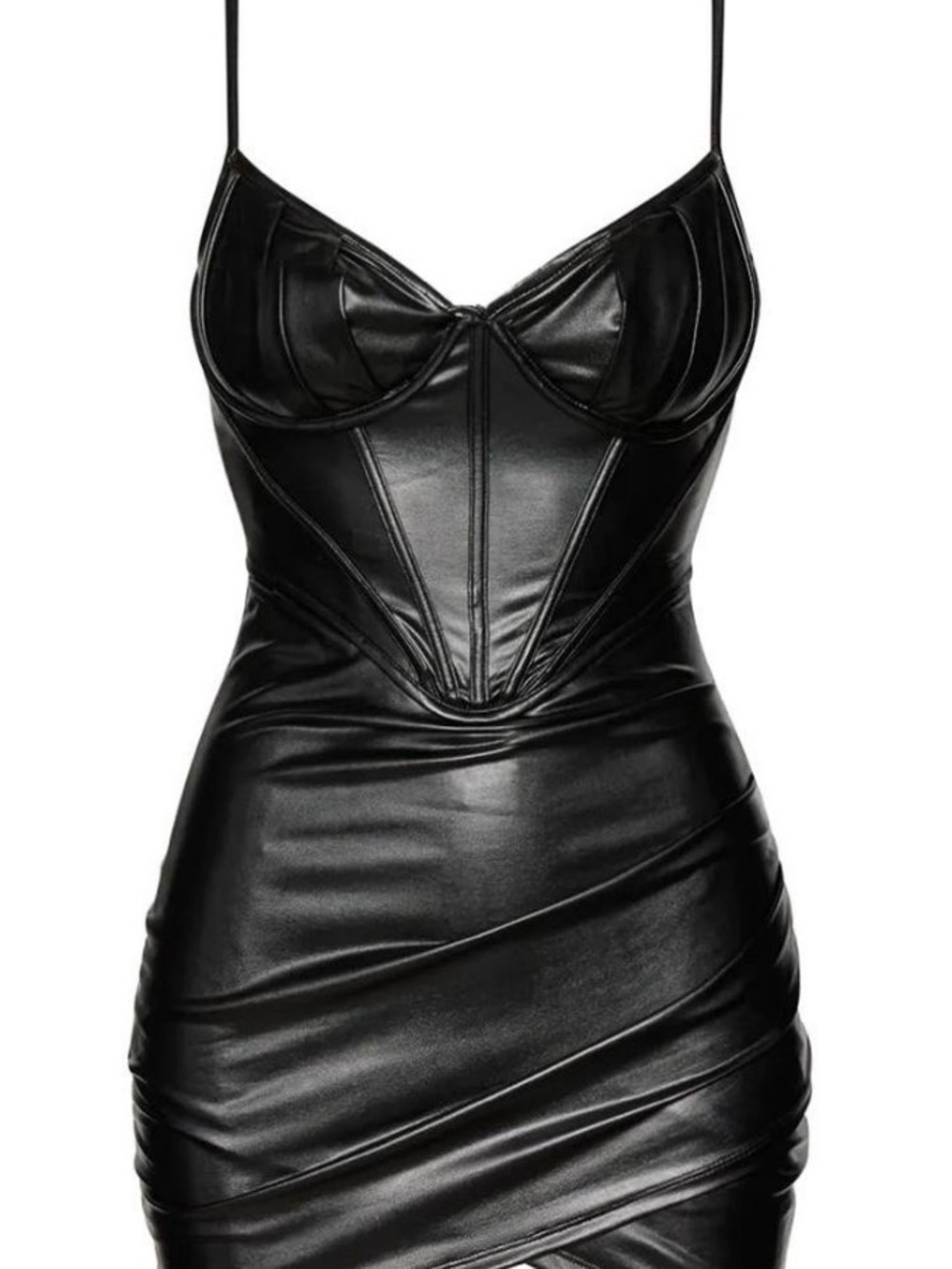 Sleek Faux Leather Mini Dress with Corset Bodice - Black